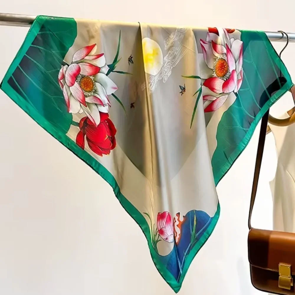 Floral scarf with green and gray lotus Design